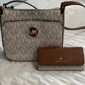 Michael Kors Beige and Brown Logo Crossbody with Matching Brown Wallet